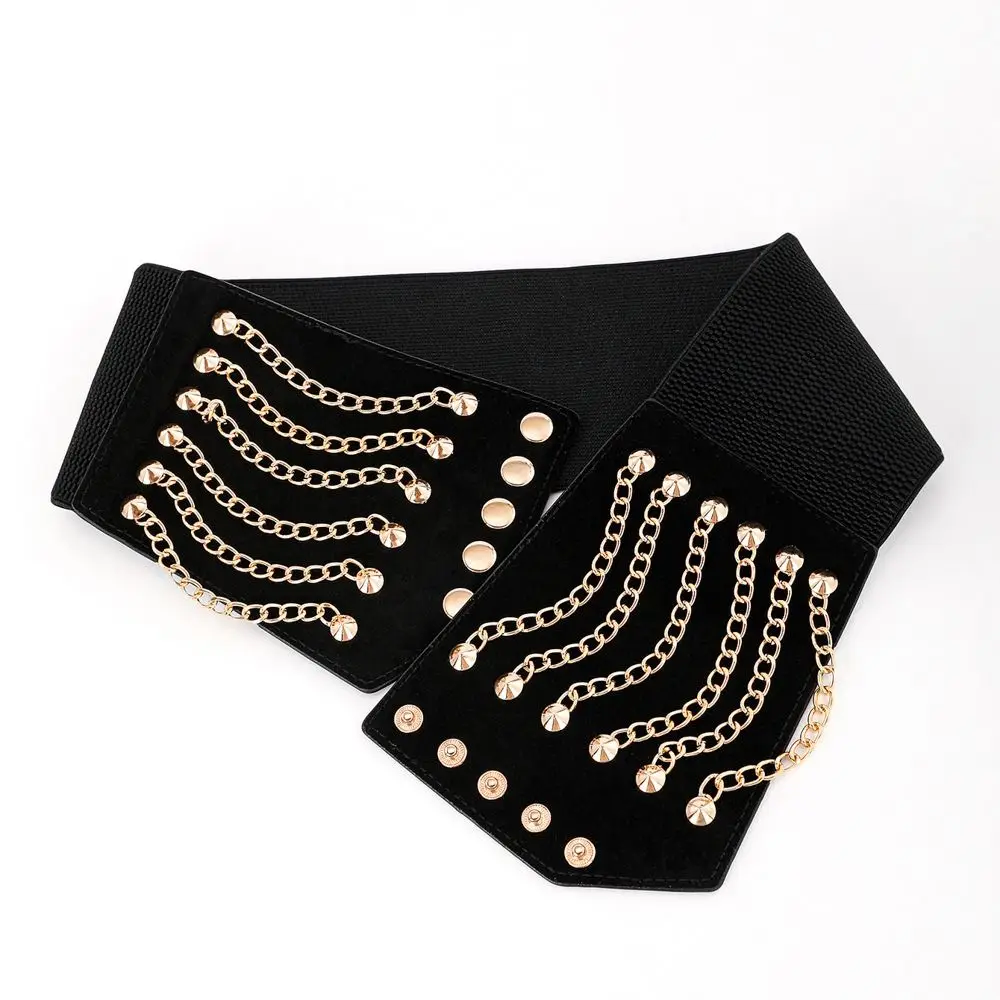 Wide Lace Chain Rivet Corset Belt Punk Style Y2k Elastic Waistband Stretchy Elastic High Waist Women's Cummerbunds