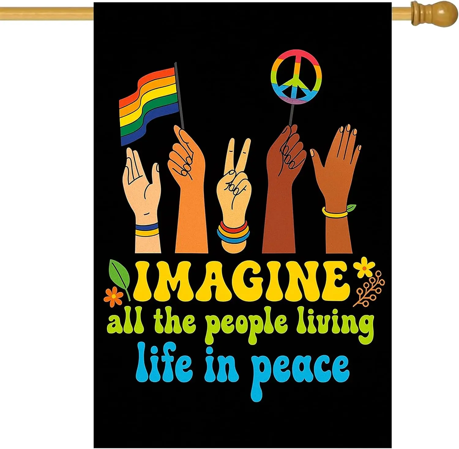 House Flag 28x40 Inch Double Sided Garden Flag with Peace Symbol Rainbow Hands and Quote Design for Summer Yard Banner Porch hhz