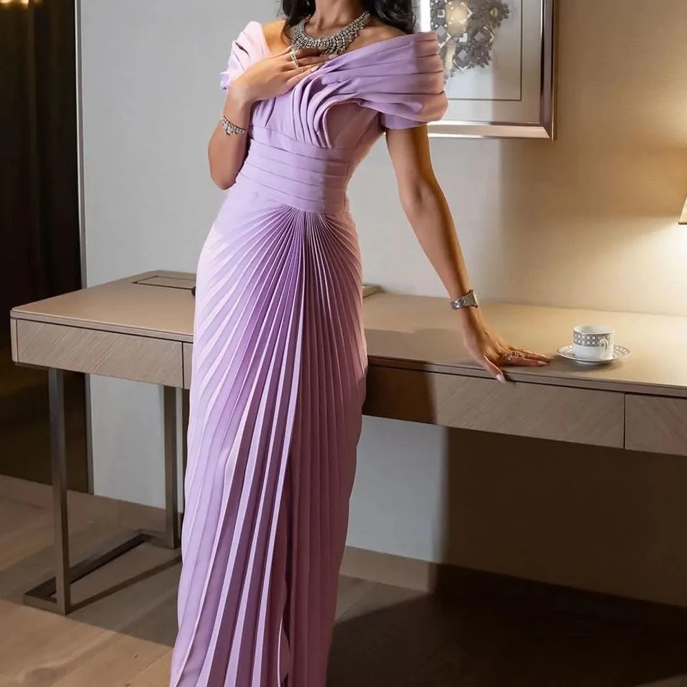 

Classic Celebrity Dress Off the Shoulder Short Sleeves Jersey Straight Floor Length Pleats Solid Color Bespoke Occasion Gowns