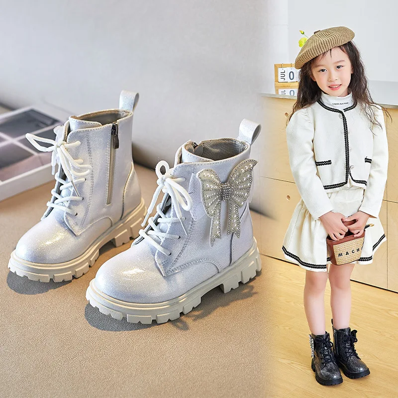 Girls Ankle Booties Autumn Winter New Butterfly Wings Princess Shoes Fashion Glitter Shiny Soft Sole Non-Slip Kids Botas Mujer