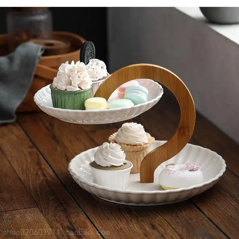 

Double Layer White Ceramic Plate Cake Stand Household Snack Minimalist Party Fruit Bowl Kitchen Utensils