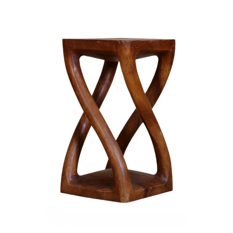 Solid Wood Twist Stool Accent Table Living Room Square Side Table Top End Table Flower Stand Hand-Carved Stool with Unique Shape