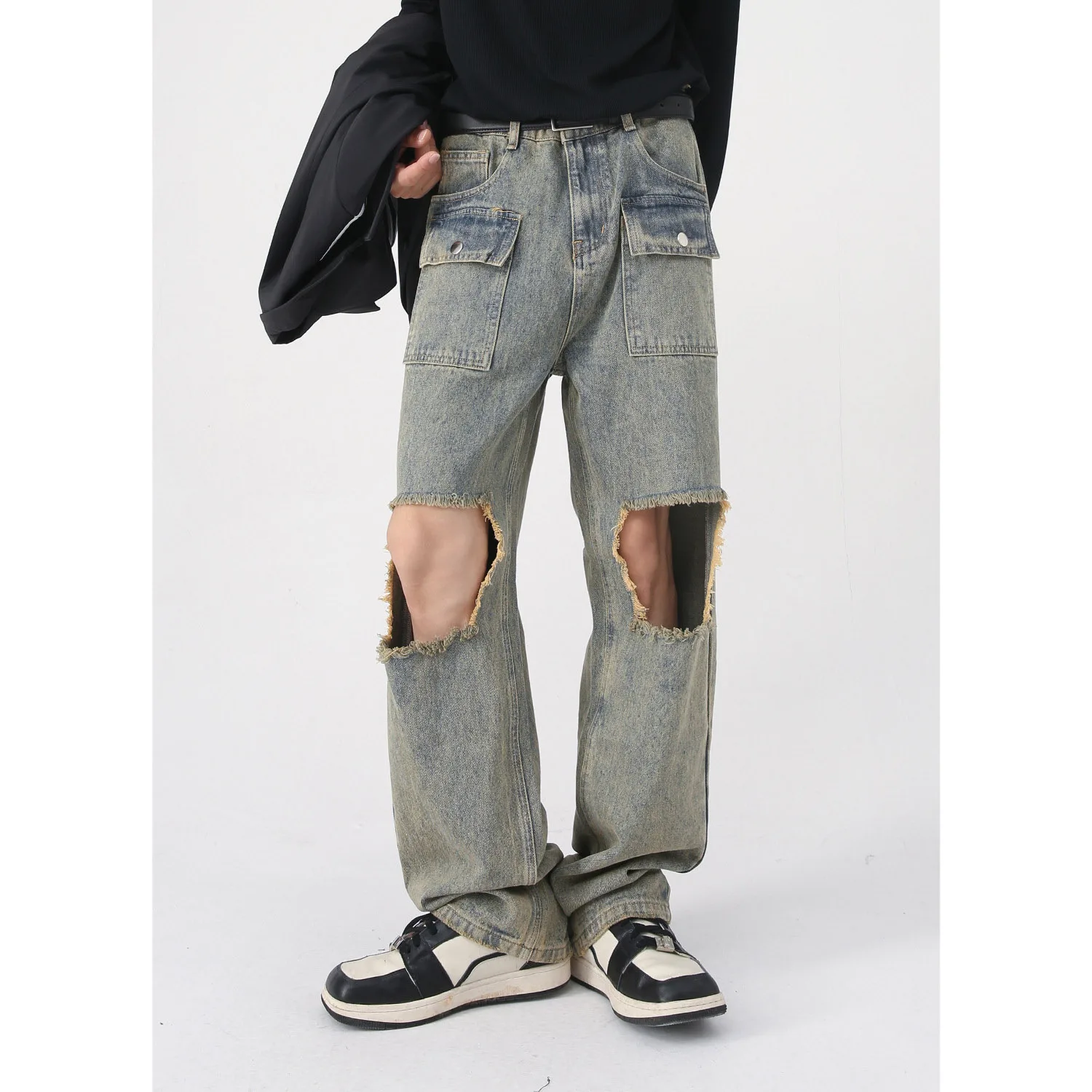 Knee big hole multi-pocket retro old washed straight denim trousers for men and women