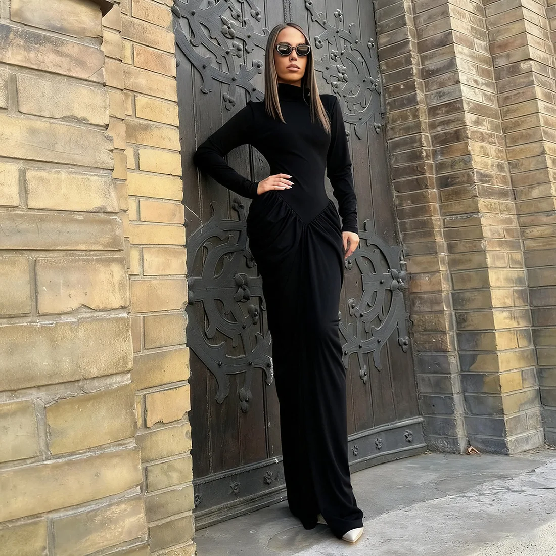 2025 Autunno Inverno Solido Increspato Patchwork Aderente Maxi Vestito Da Partito Dolcevita Manica Lunga Sottile Abito Da Sera Banchetto Abito Lungo