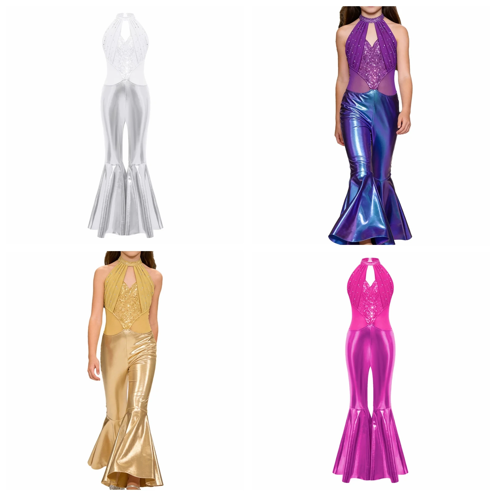 

Children Jazz Dance Outfits Metallic Flared Pants Jumpsuit Girls Halter Rompers Birthday Sequins Flares 60s 70s Disco Costume