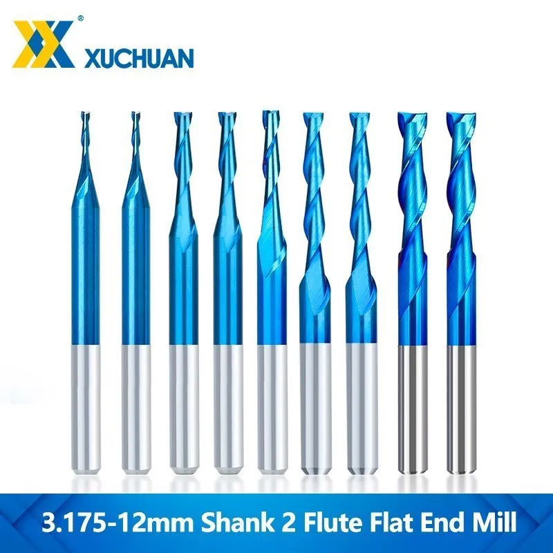 Router Bits 2 Flute End Mill 3.175/4/6/8/10/12mm Shank Flat Milling Cutter Nano Blue Coated Carbide Milling Tools