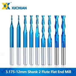 Cortador de fresagem 2 flauta CNC Router Bits 3.175/4/6/8/10/12mm Shank Flat End Mill Nano Azul Ferramenta de fresagem de carboneto revestido