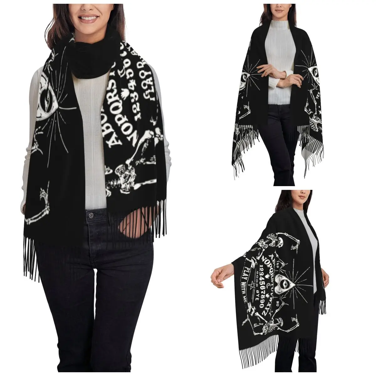 Ouija Board Witch Horror Shawls Wraps for Ladies Winter Warm Large Long Scarf Occult Ghost Death Scary Pashminas Tassel Scarves