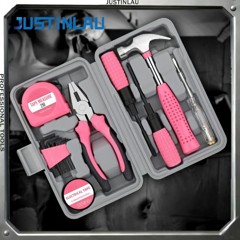 JUSTINLAU 13 Piece Pink Women's DIY Toolbox Home Toolbox Hexagonal Wrench Storage Screwdriver Daily Home Repair Tool Set