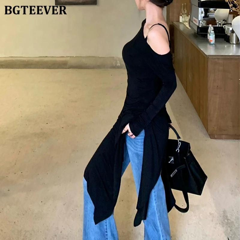 BGTEEVER Autumn Stylish Women 2 Pieces Dress Set Long Sleeve Skew Collar Irregular Dress & Sleeveless Package Hip Mini Dress