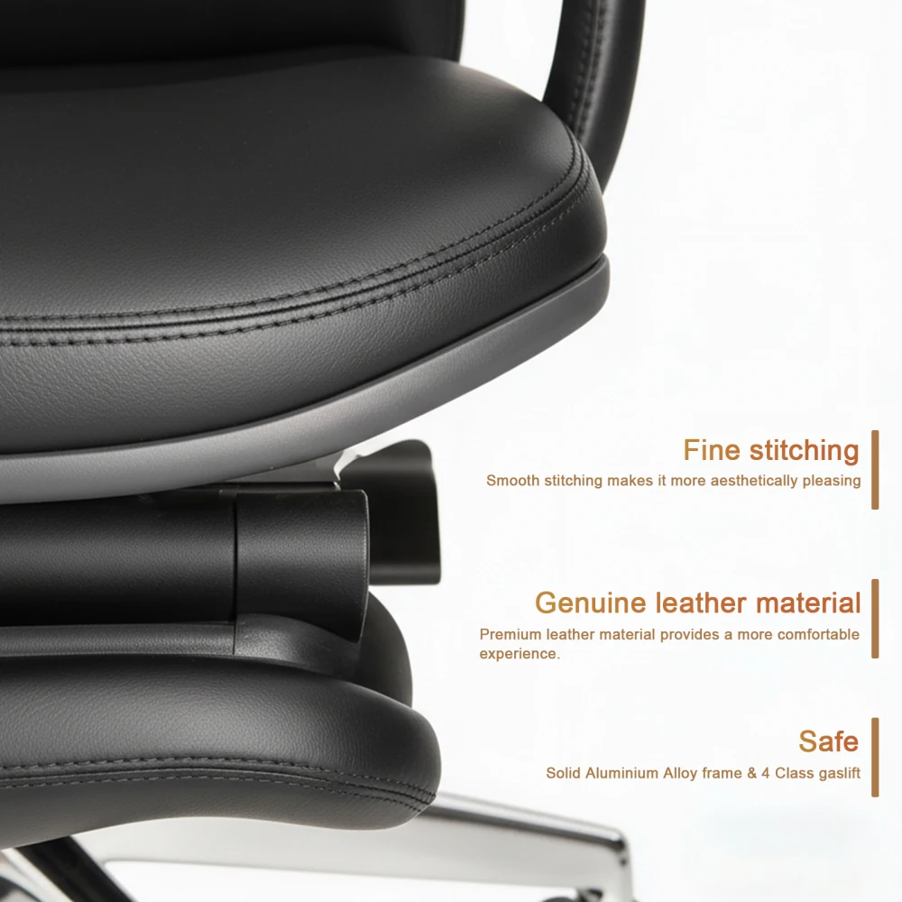 Genuine Leather Executive Office Chair 400LBS High Back Lumbar Support Adjustable Tilt Flexible Footrest Black Office Furniture