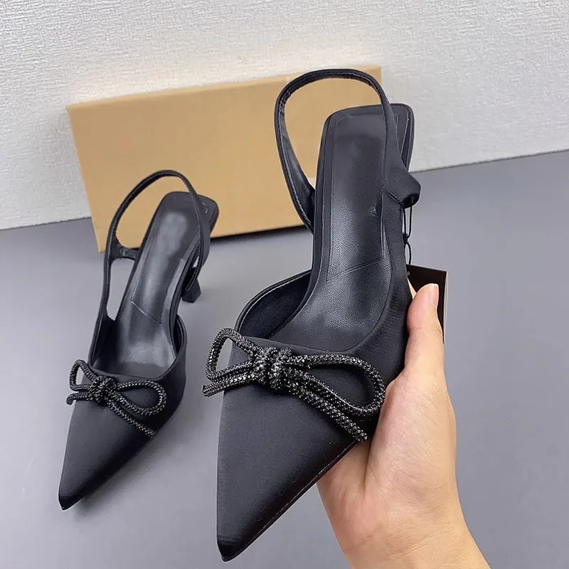 PSEEWE Black Bow Women Pumps 2024 Summer Fashion Slingback High Heels Women Sandals Elegant Office Lady Pointed Heed Shoes