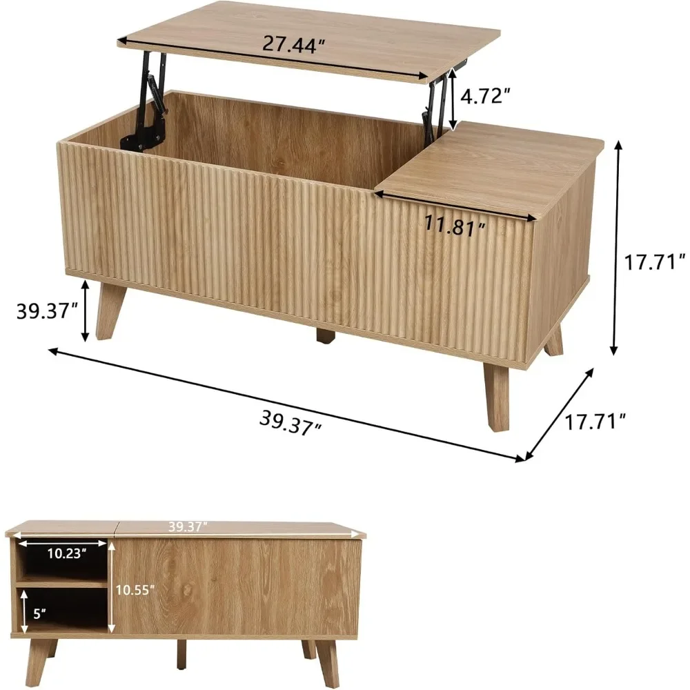 木製溝付きリフトトップコーヒーテーブル、隠しコンパートメント、モダンな長方形のセンターテーブル、調整可能な収納棚