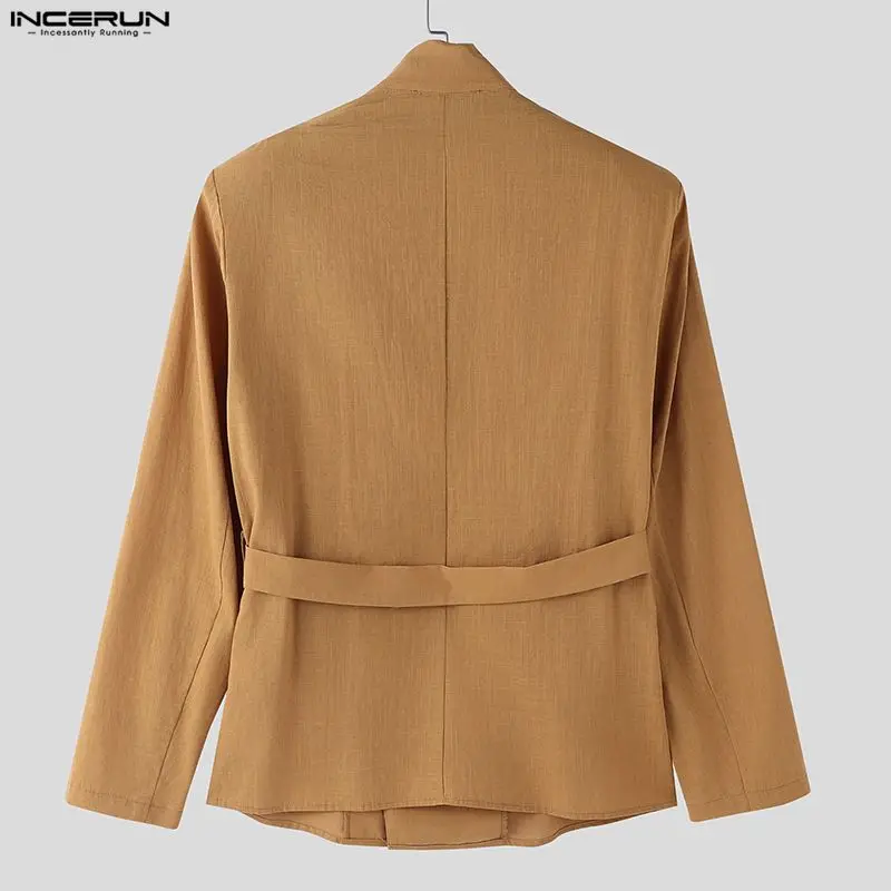 INCERUN قميص رجالي بلون سادة وياقة واقفة وأكمام طويلة وأزرار ملابس رجالية قطنية ملابس خروج عصرية قمصان رجالي غير رسمية