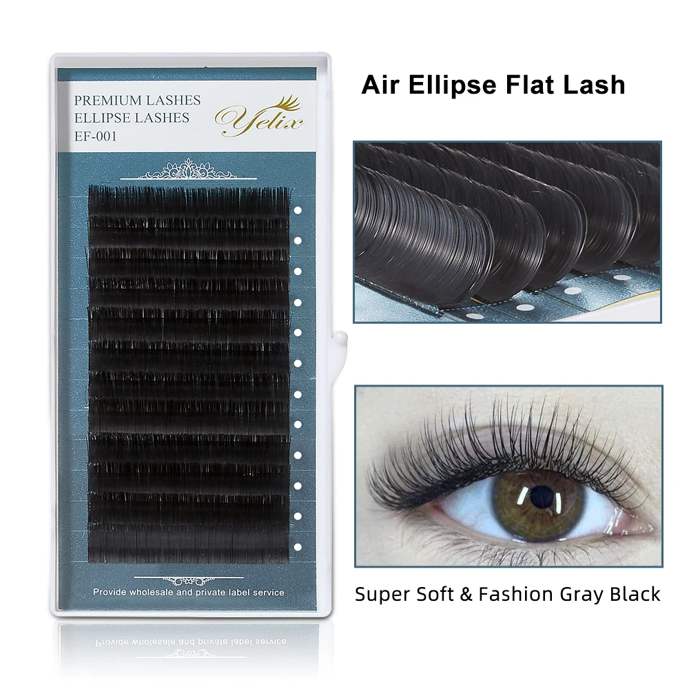 Yelix Matte Grey‑Black Ellipse Flat Eyelash Extensions Double Split Tips Super Soft Individual Cluster Lashe Professional Makeup