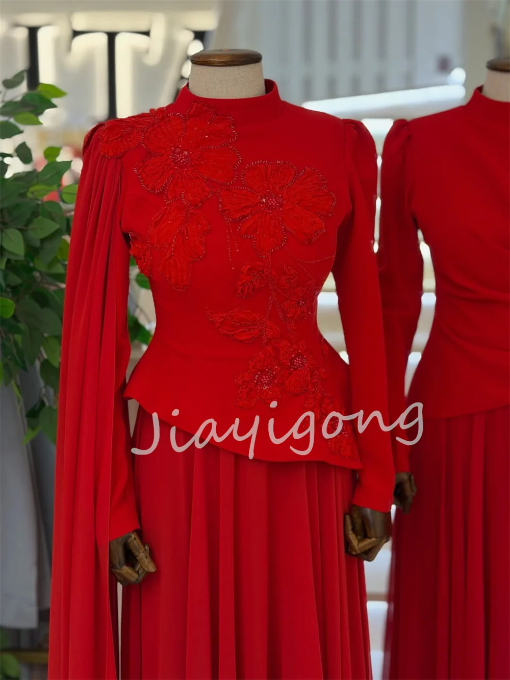 Customized High Quality Chiffon Pleat Lace Sequined Pattern A-line High Collar Long Bespoke Occasion Evening Dresses
