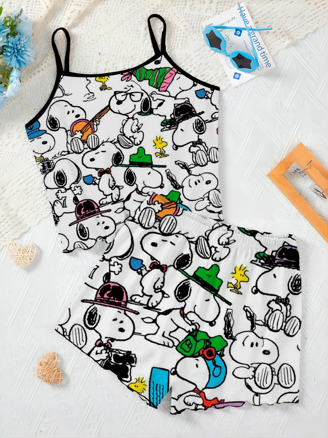 Vestido Disney-Home com guarnição de alface para mulheres, camiseta e top e conjuntos curtos do Snoopy, conjunto de 2 peças, fundo elegante, vestido deslizante