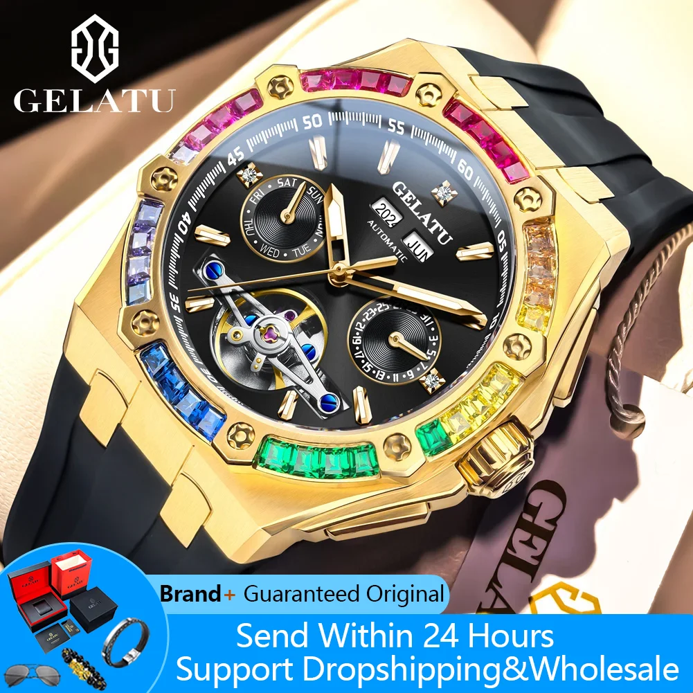 

GELATU 6022 Automatic Watch Man Date Luxury Business Mechanical Watch For Men Hollow Big Dial Waterproof Fashion Men Wristwatch
