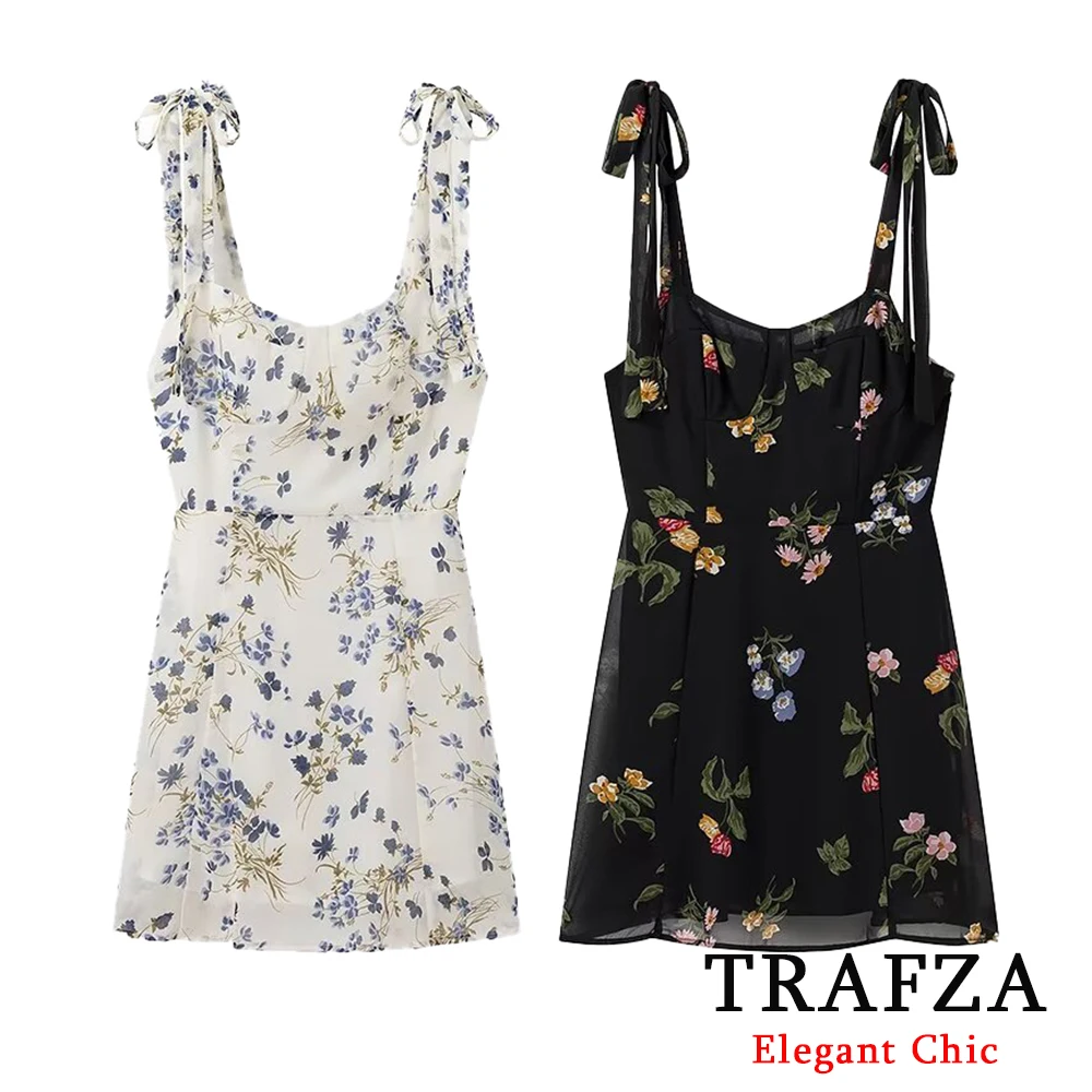 TRAFZA Casual Print Mini Dress Women's Flower Print Dress New 2024 Summer Fasion Bow Tie Cami Dress Holiday Beach OOTD Dress