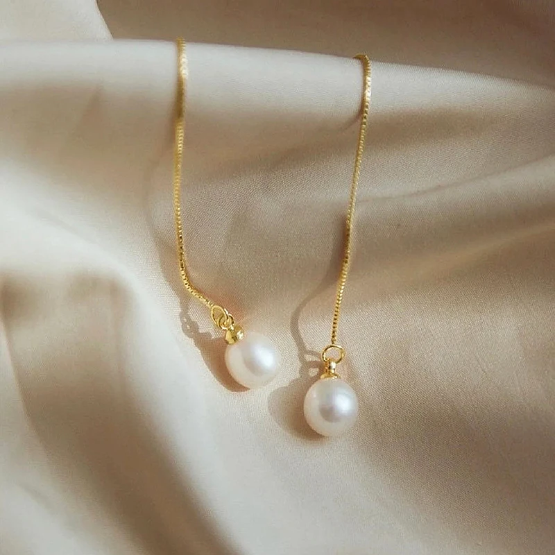 Huitan Dainty Long Hanging Earrings Lady Engagement Jewelry Ear Pendants with Simulated Pearl Graceful Gold Color Accessories
