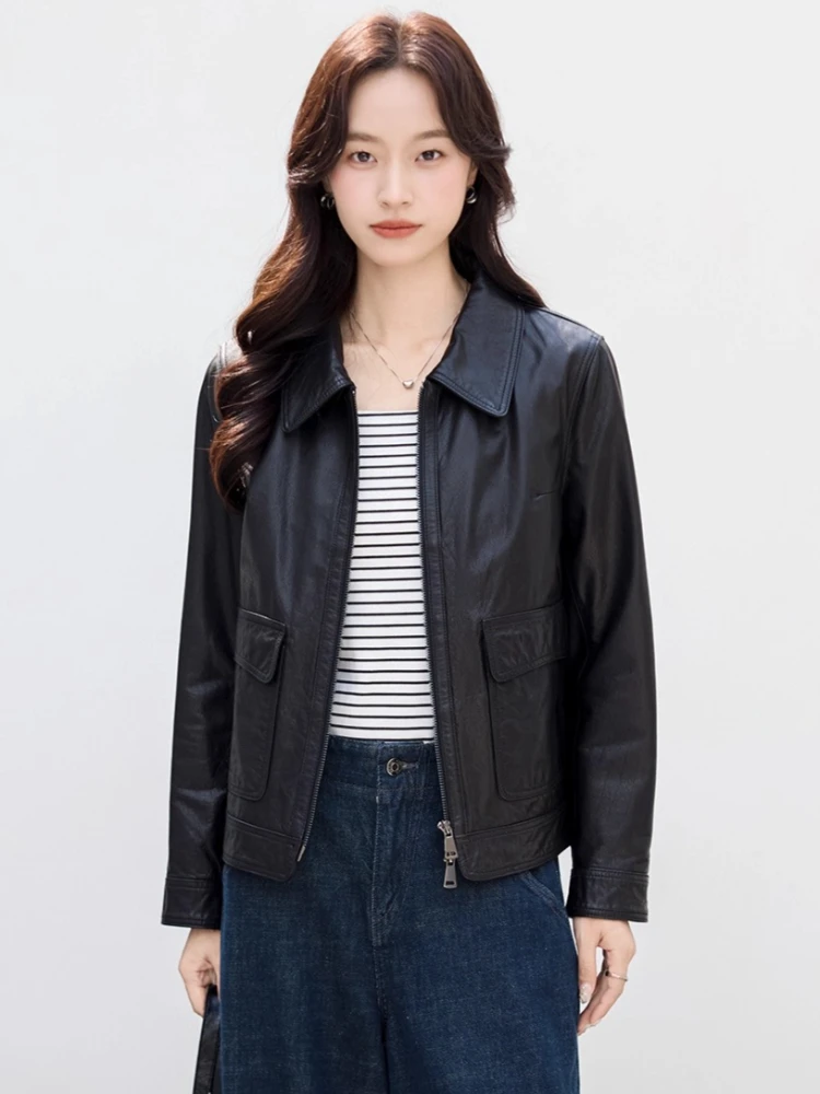 Slim Short Genuine Leather Motorcycle Jackets for Women Spring Autumn 2025 New High-end Simple Black Real Cow Leather Coat