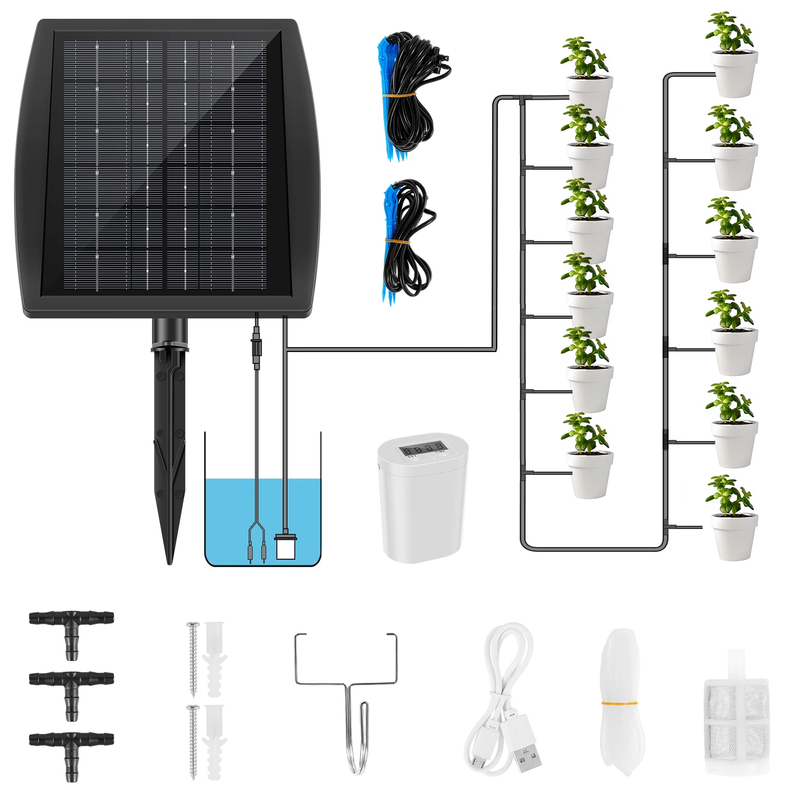 Solar Irrigation Kit Solar Automatic Plant Watering Devices with Timing Modes IP67 Waterproof Solar Powered Drip Irrigation