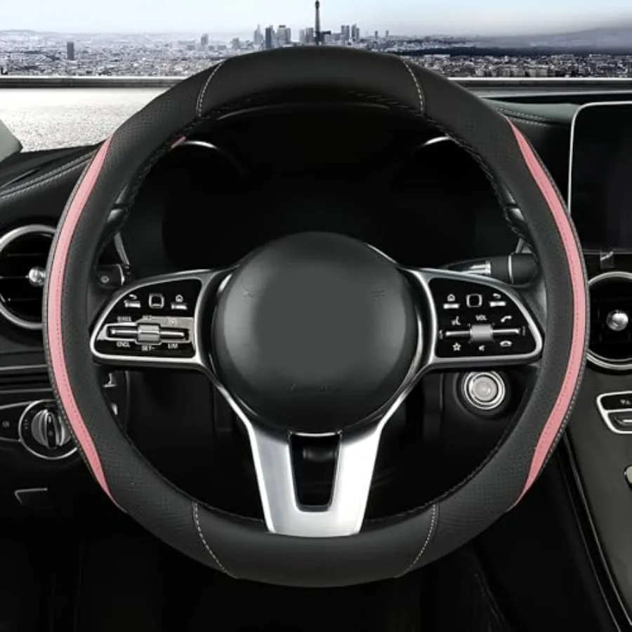

Car Steering Wheel Cover, Leather Steering Wheel Cover Universal 14.5-15 Inch Microfiber Leather Anti-Slip Breathable Auto Stee