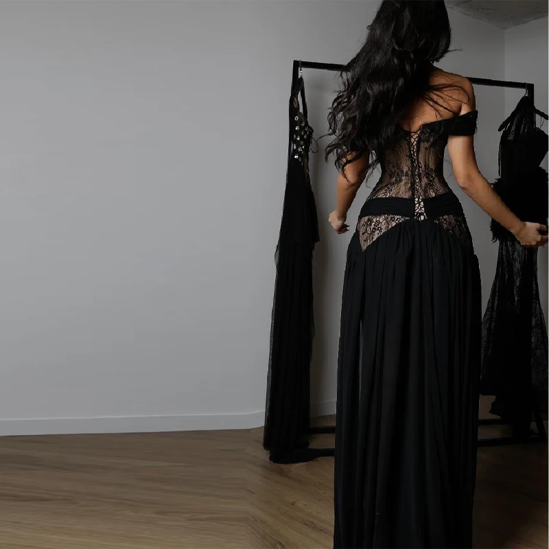 Retro Sexy Maxi Dress Off-shoulder Lace Cutout Chiffon High Slit Lady Formal Gowns Elegant Evening Party Women Trendy Wear