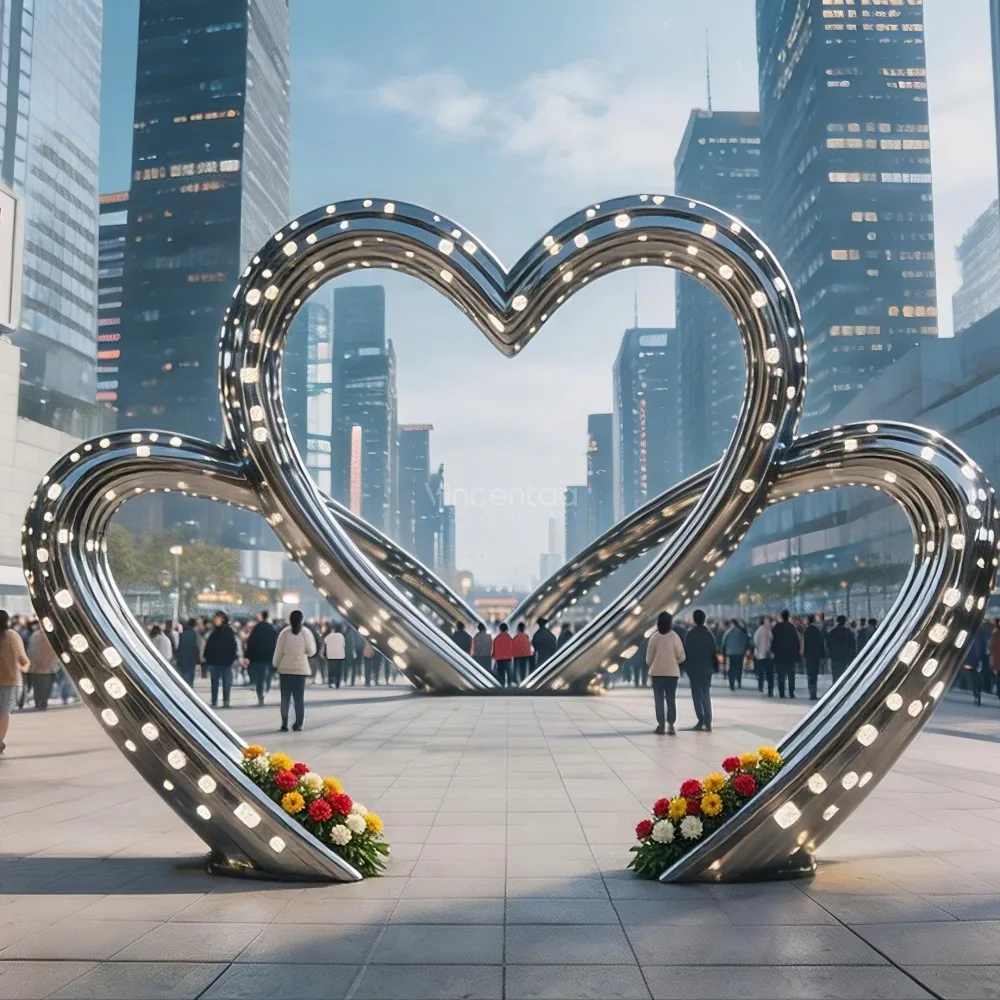Vincentaa Custom Stainless Steel Heart Sculpture Outdoor for Luxury Villa Garden Lighting Decoration