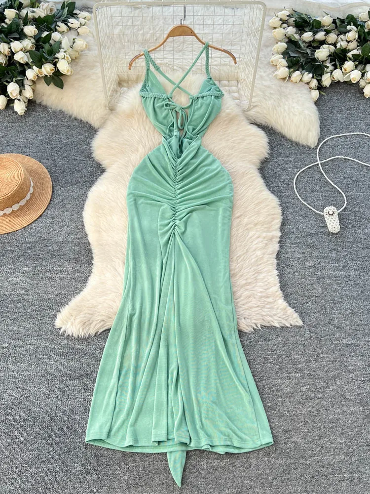 Sexy profundo v ne strapl bodycon saia longa feminina dr coreano sle cintura alta fibra de poliéster verão a linha dr