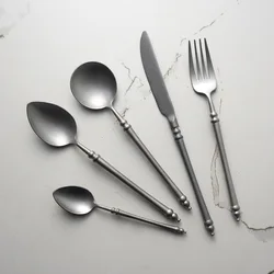 Retro Scrub 304 Stainless Steel Flatware Kitchen Cutlery Steak Knife Fork Spoon Dessert  Vintage restaurant