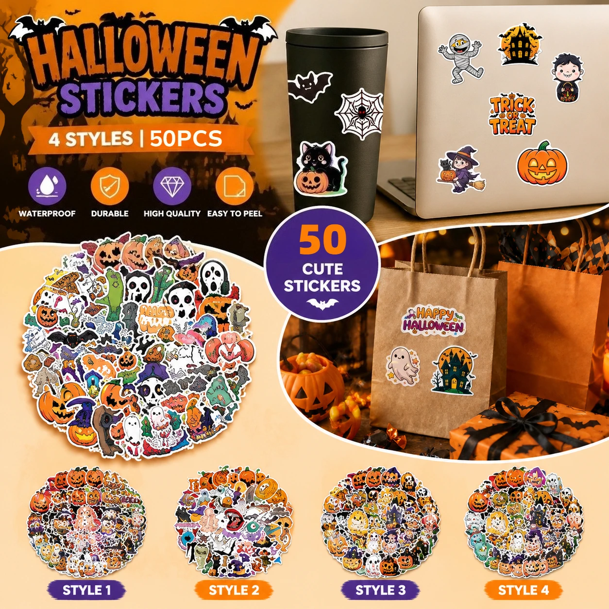 Waterproof Halloween Non-Repeating Pumpkin Theme Stickers Holiday Party Stickers Party Favors Gifts Decor Supplies