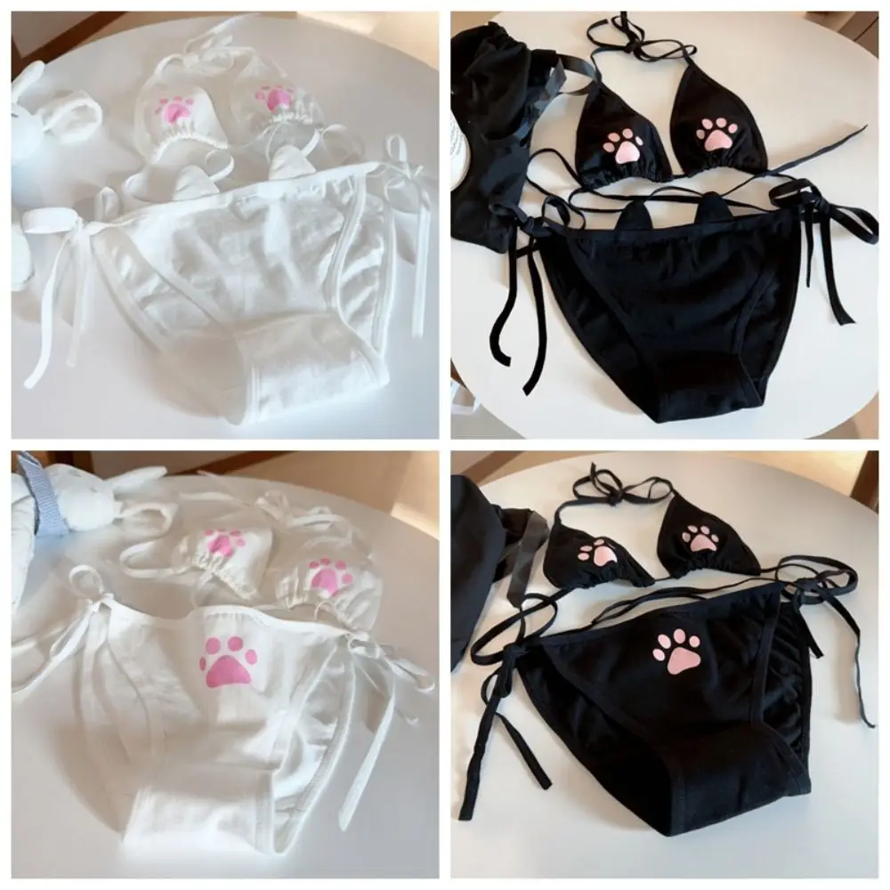 

Cute Lace Up Bra Panties Set Bikini Cosplay Two Pieces Swimwear Beachwear Clothing Cat Paw Lingerie Women