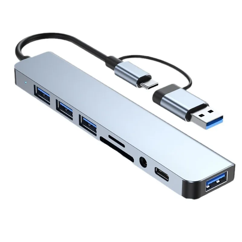 8포트 2 USB + 타입 C 허브 도킹 스테이션 (3.5mm 오디오 잭 어댑터, 마이크로 SD 카드 리더, 노트북/태블릿/폰 디스크 컨버터 포함)