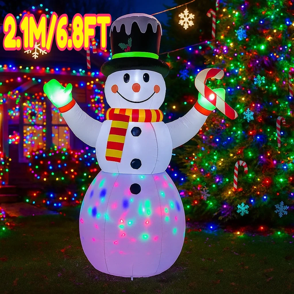 2.1M/6.8FT Inflatable Snowman with Candy Cane Lights LED Home Decorations Toys Yard Xmas Decor Supplies Holiday Outdoor Decor
