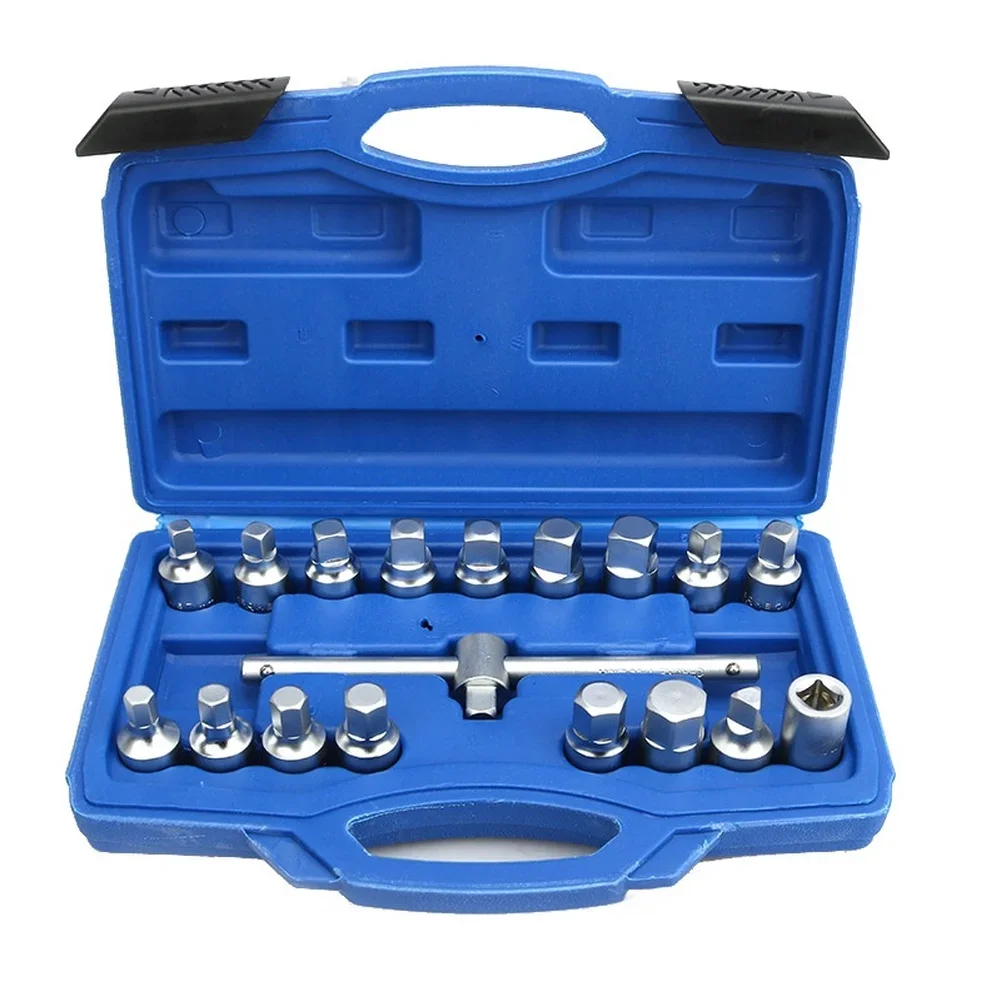 18 Piece Drain Connector Wrench Kit Made from Steel with Hex Square Triangle Bits for Reliable Automotive Service
