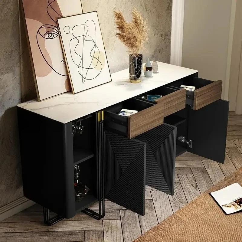 

Modern Black Sideboard for Dining or Living Room, Solid Wood Storage Cabinet with Rock Slab Table Top