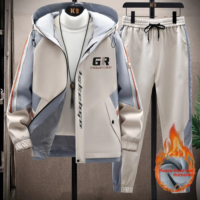 

Утепленный флисовый комплект для мужчин и подростков: повседневный спортивный костюм-двойка из полиэстера с длинными рукавами для осени