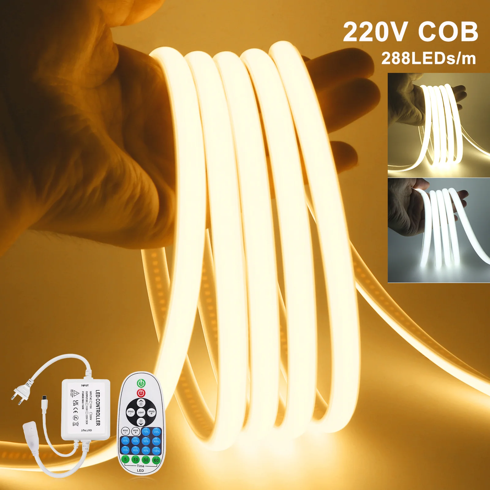 220V COB LED Strip 288Leds/m Waterproof Ribbon Tape Lamp 3000K 4000K 6000K Remote Control FOB LED Lights Kitchen Room Decor