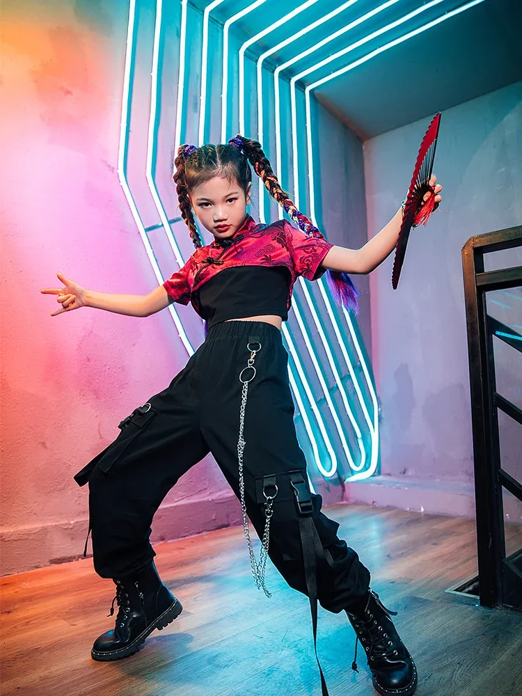 

Fashion K-pop Performance Stage Outfit 3 Pcs Rose Red and Black Summer Costume Jazz Hip-hop Street Dance Runway Show Clothes