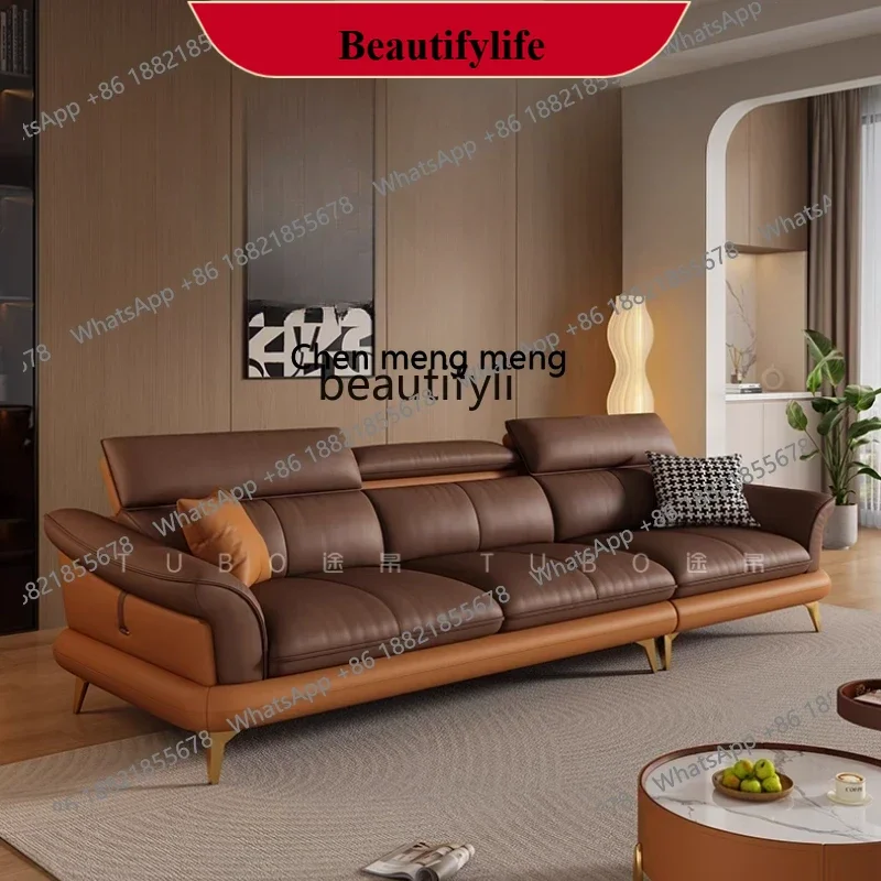 

z183 Leather sofa cream style first layer cowhide living room down folding function headrest can be lifted