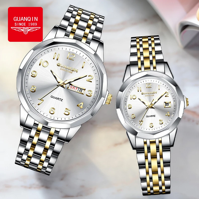 GUANQIN Couple Watches Casual Trend Stainless Steel Waterproof Original Quartz Wristwatch for Lover Waterproof Luminous Date New