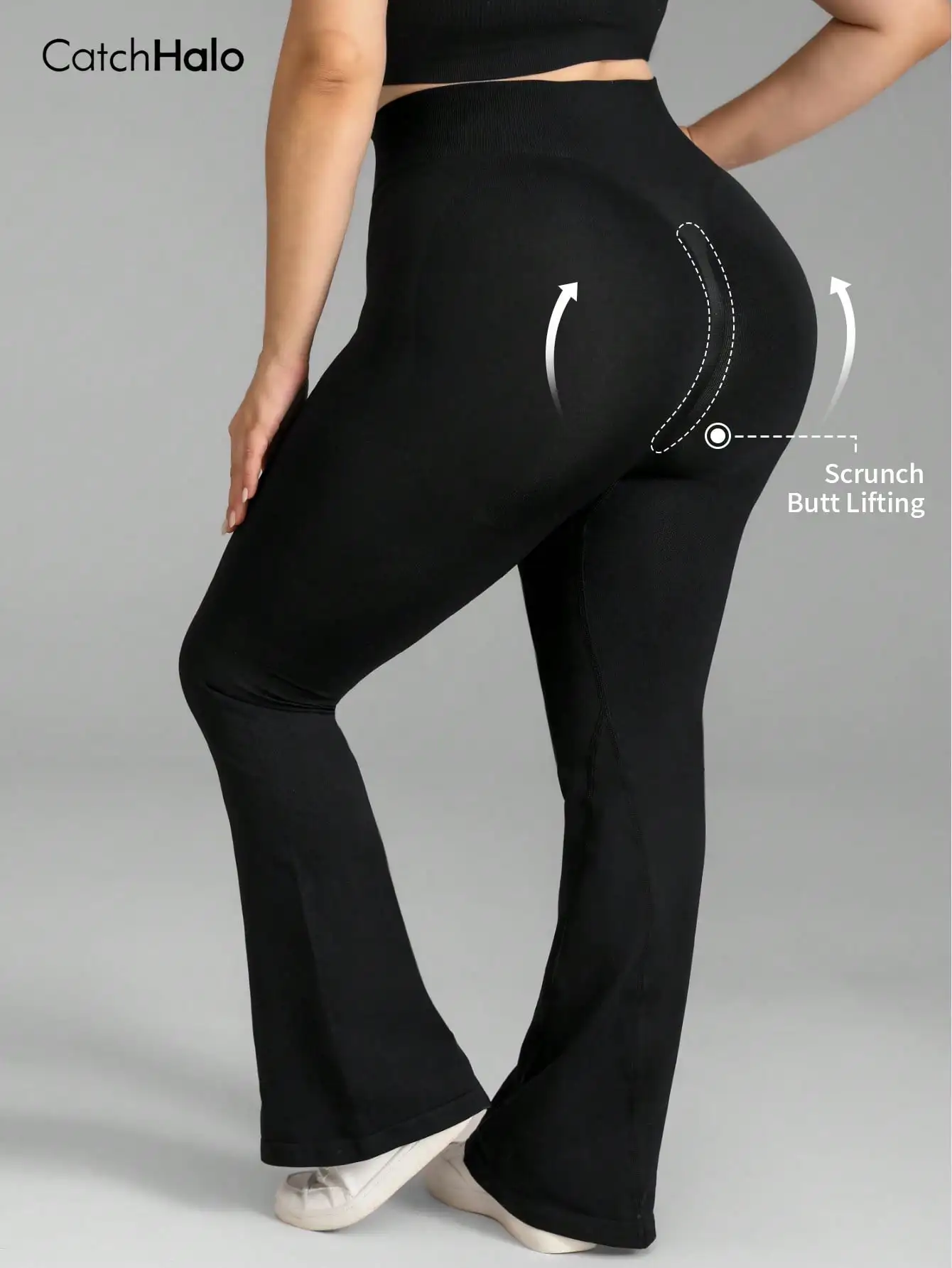 Women Plus Size Seamless Flared Leggings High Waist Side Pockets Tummy Control Yoga Fitness Workout Tights