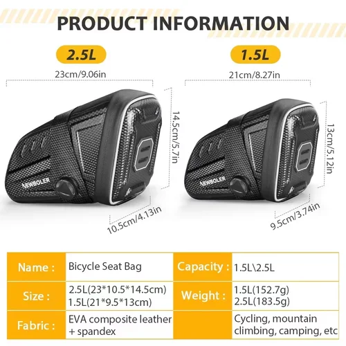 Imagen 2 del producto NEWBOLER, nueva bolsa impermeable para SILLÍN de bicicleta, alforjas para bicicleta de montaña y carretera, bolsa de herramientas para bicicleta a rayas reflectantes, bolsa para bicicleta, accesorios para MTB