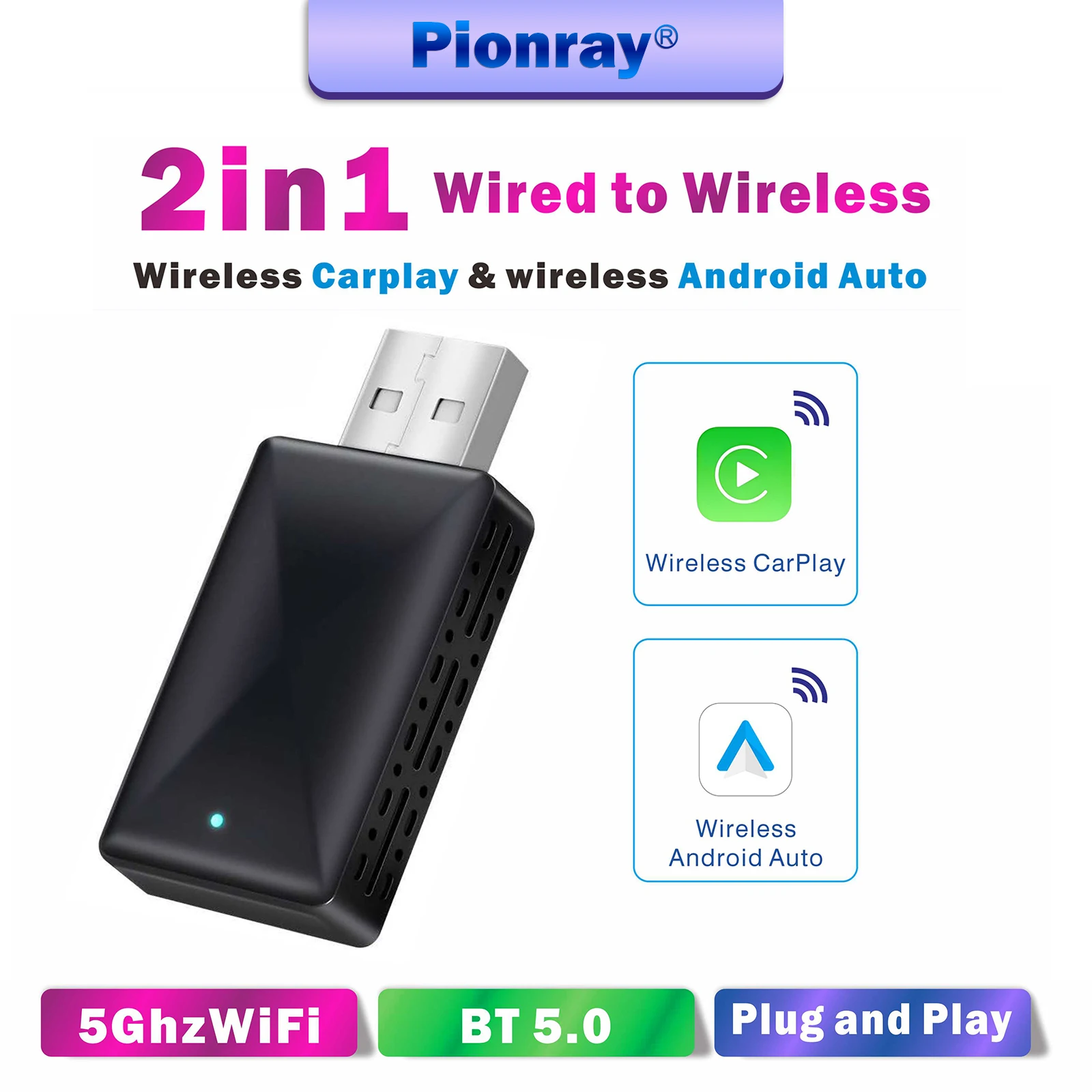 Wireless CarPlay Adapter, 2025 Upgraded 2-in-1 Mini Size CarPlay & Android Auto, Convert Wired to Wireless with USB & USB-C/Type