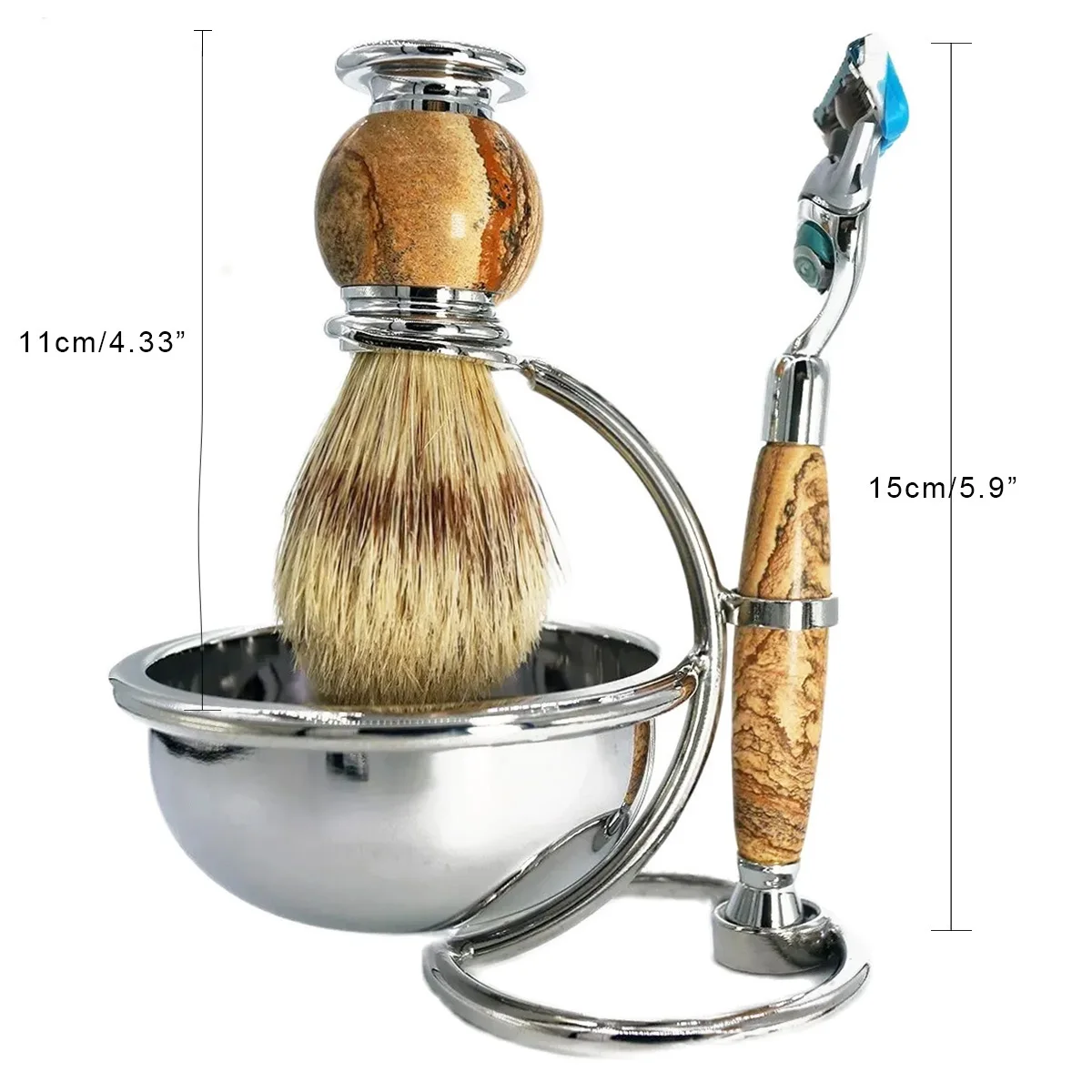 Magyfosia Natural Stone Shaving Kit Fusion 5 Close & Smooth Razor Boar Bristle Cleaning Brush and Bowl Stand Holder Gift for Men