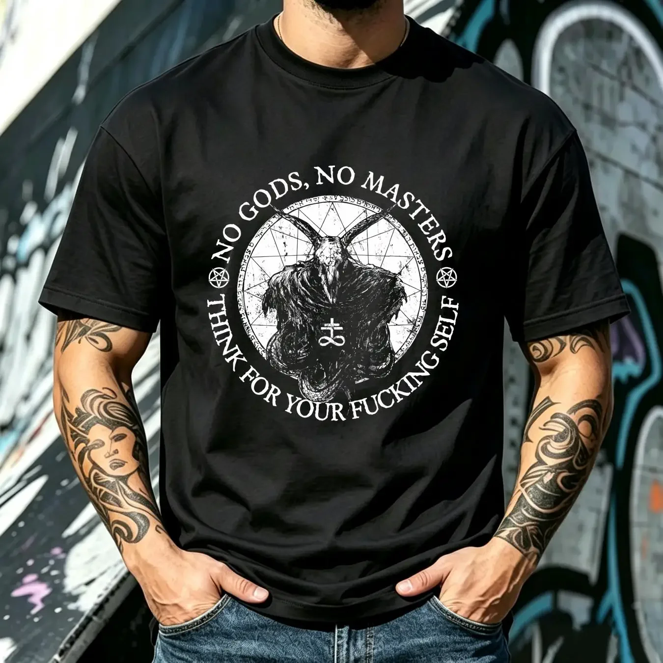 washed T Shirt No Gods Masters Think For Your F king Self Atheist S 5XL vintage Washed Stylish designer clothes Versatile