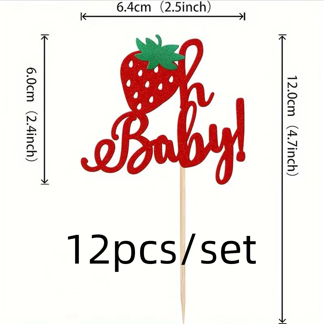 Strawberry Cake Topper Flags Happy Birthday Decoration Cupcake Toppers kids 1st Birthday Party Baby Shower Cake Baking Decor