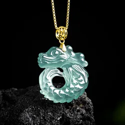 JiaLe/18K Gold Inlaid Natural Jade Blue Water Auspicious Dragon Fish Necklace Pendant High Jewelry Accessories Women Couple Gift