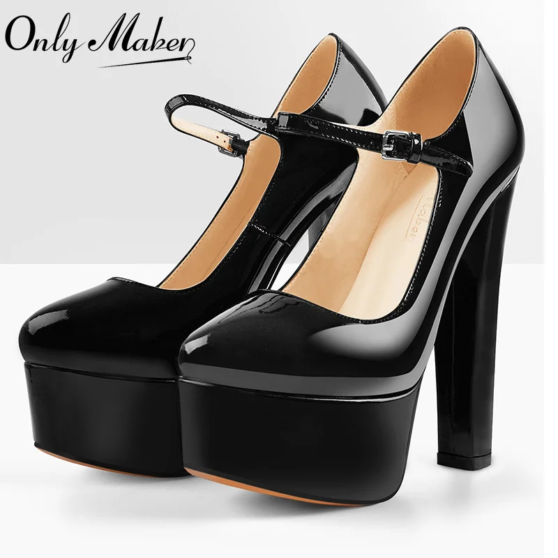 Onlymaker Women Mary Jane Platform Pumps Ankle Strap Thick Round Heel High Heels Dress Buckle Large Size Brand Shoes